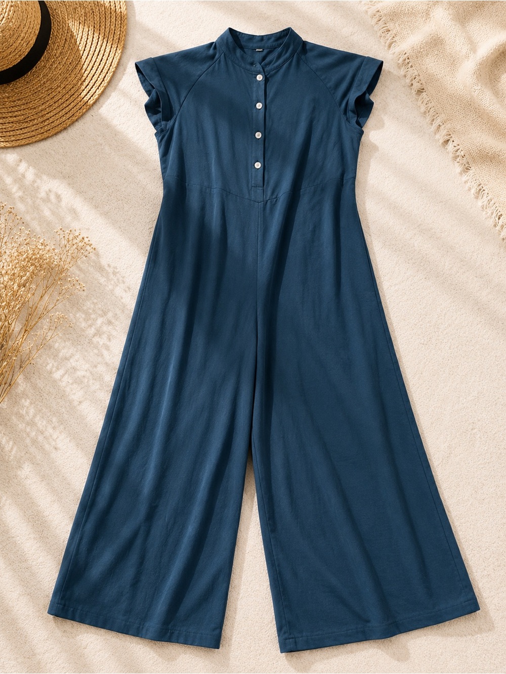 Cap-Sleeve Navy Wide-Leg Jumpsuit with Mandarin Collar